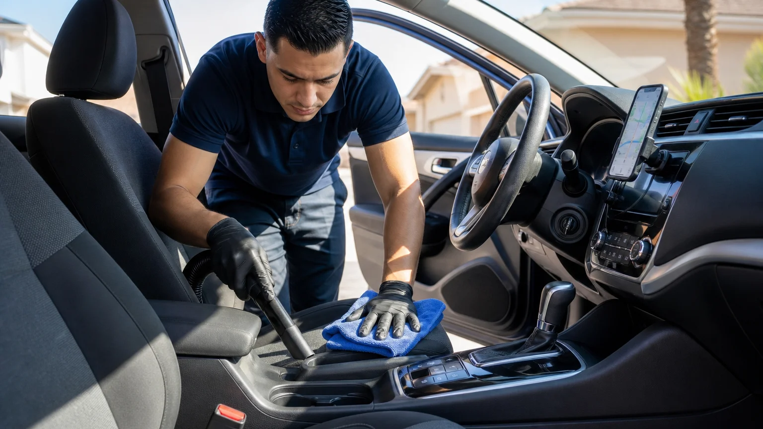 Rideshare car detailing Las Vegas technician vacuuming the interior of a sedan with a navigation app visible on the dash mount