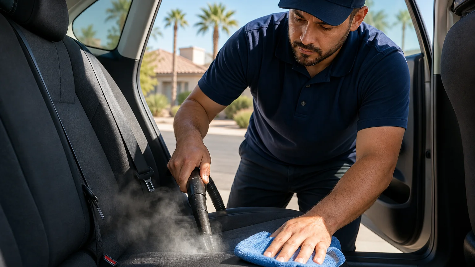 Rideshare car detailing Las Vegas AOA technician steam cleaning fabric seats to remove stains and odor from a driver's vehicle