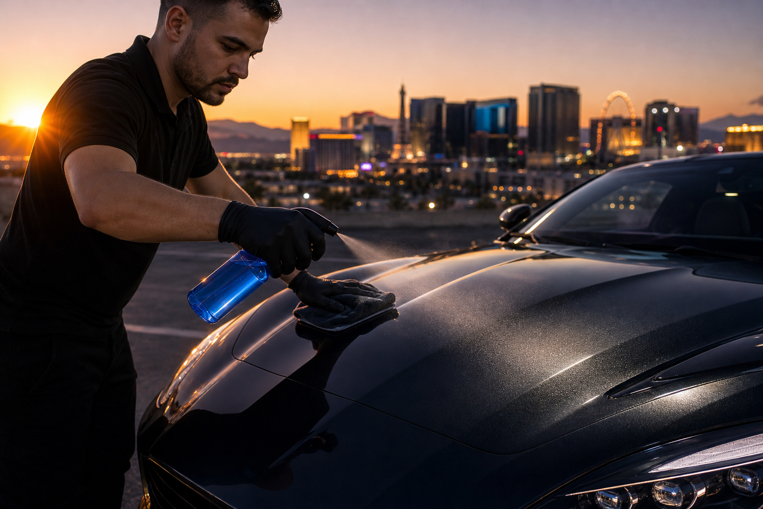 Professional mobile detailer prepping an SUV exterior for a summer road trip in a Las Vegas driveway with desert mountains in the background