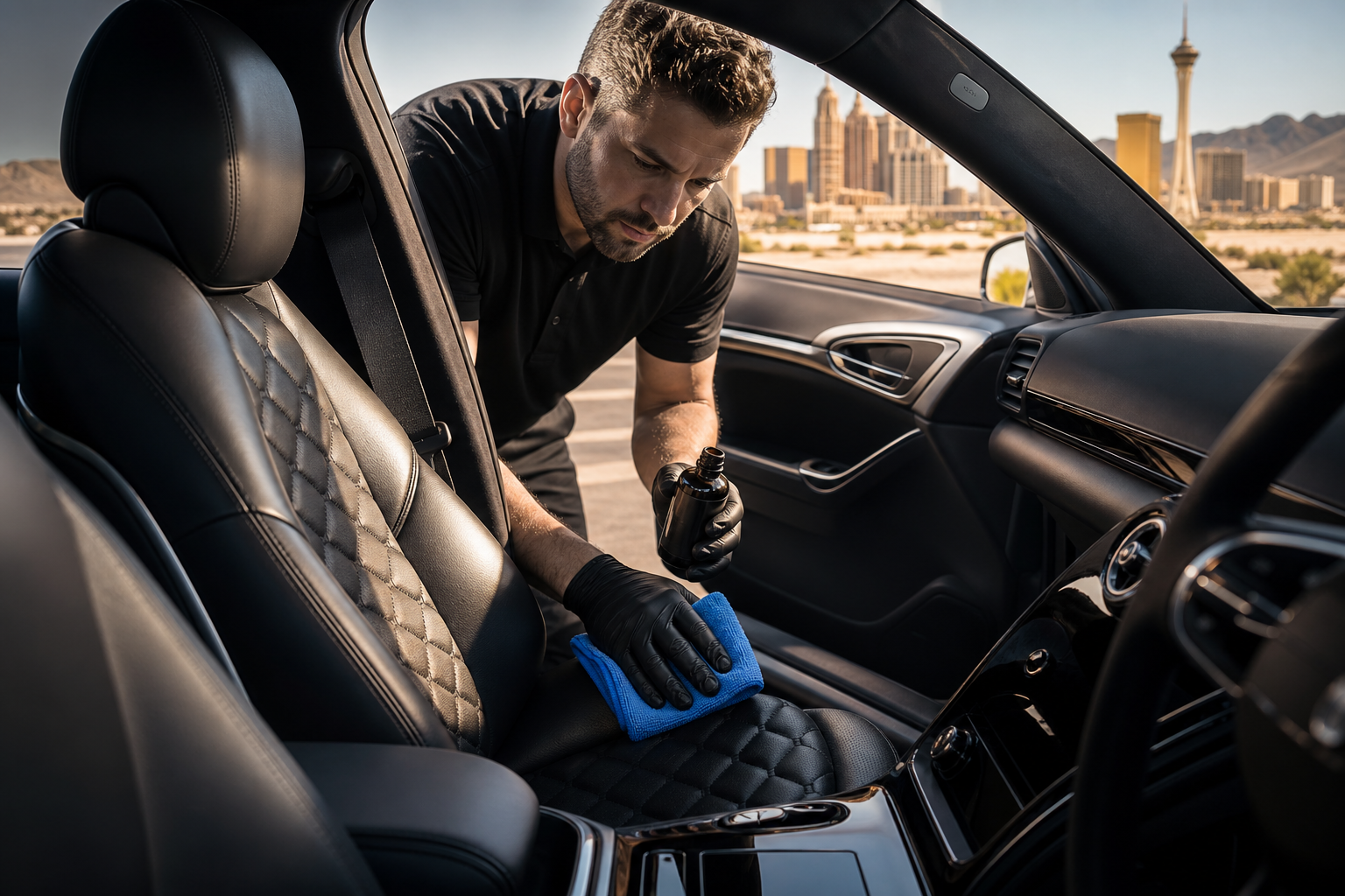 Close-up of a professional auto detailer conditioning leather car seats inside a luxury vehicle with Las Vegas summer light streaming through the windows