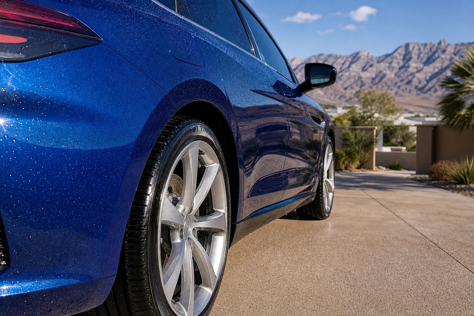 Close-up of glossy exterior finish and clean wheel after Turo car detailing on a rental SUV in a Las Vegas driveway