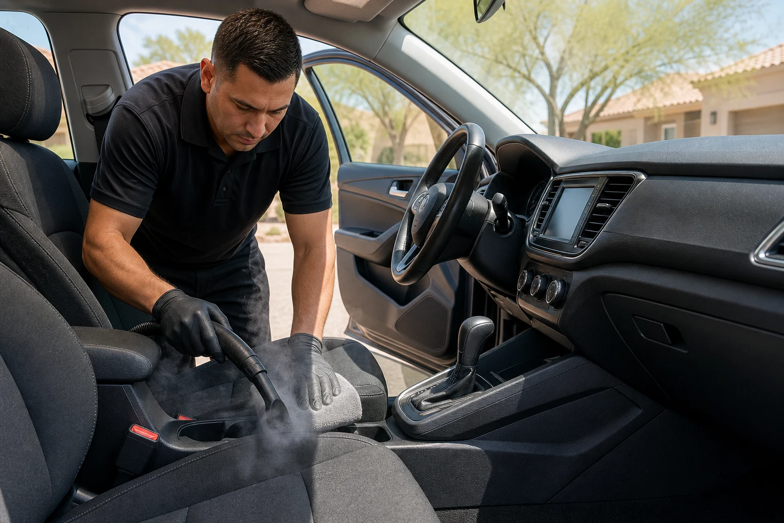Detailer steam-cleaning and sanitizing interior seats during Turo car detailing on a rental car in Las Vegas between guest bookings