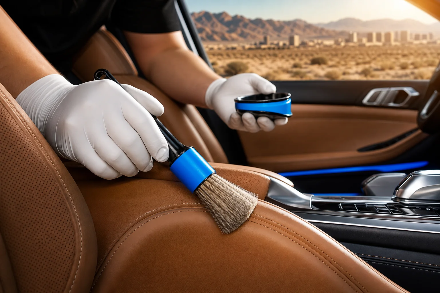 Leather seat conditioning and upholstery cleaning on a Las Vegas luxury vehicle interior