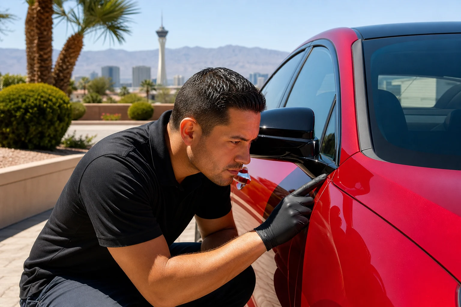Detailer inspecting the edge of a vinyl wrap near a side mirror for lifting on a wrapped vehicle in a Las Vegas driveway