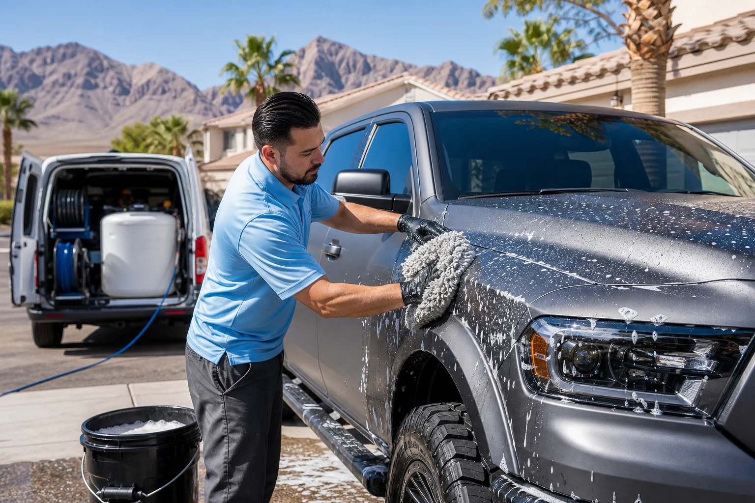 Mobile detailer performing vinyl wrap car care on a matte-wrapped truck with a microfiber mitt and pH-neutral soap in a Las Vegas driveway