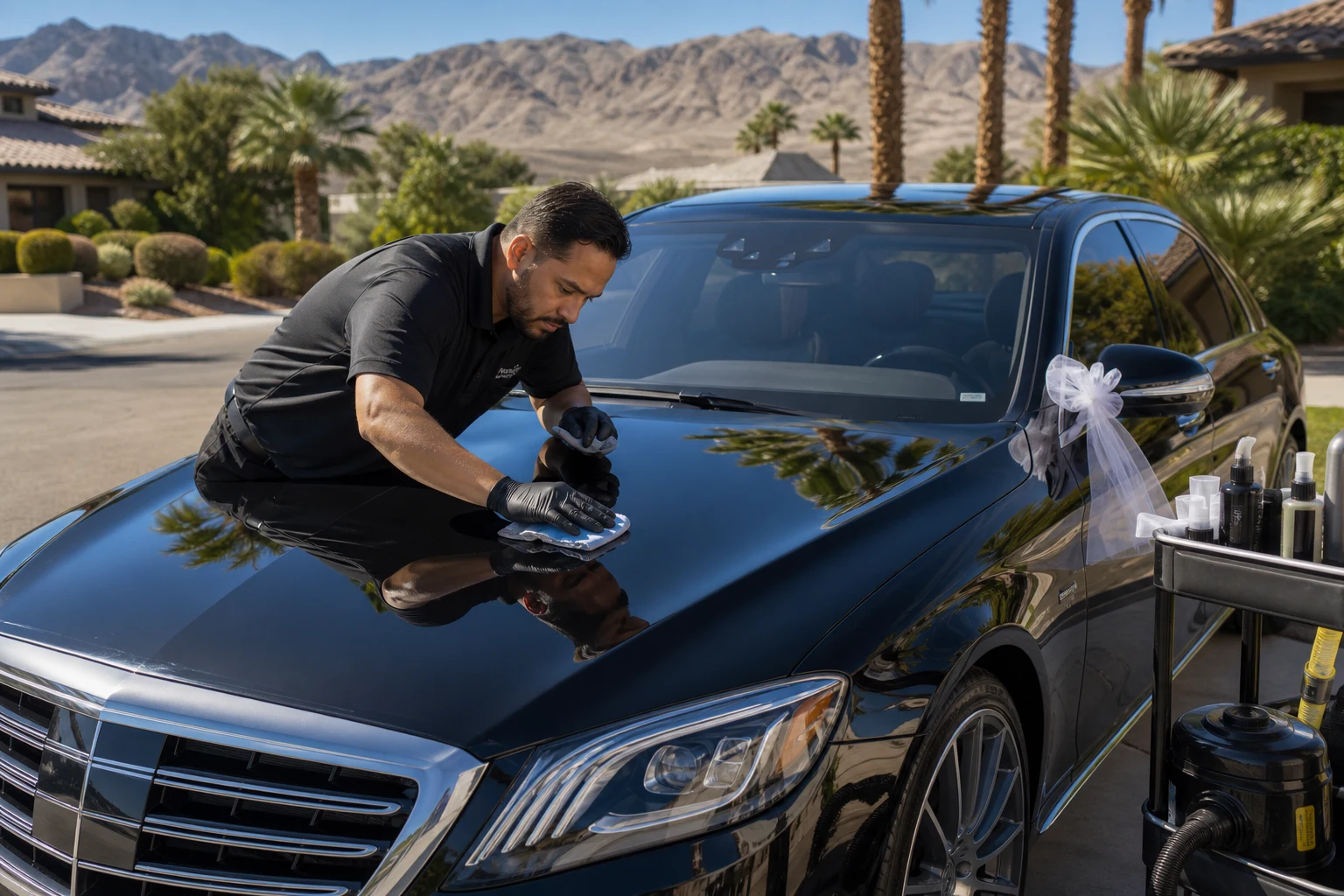 Professional mobile detailer hand-polishing the glossy black paint of a wedding getaway car with white ribbon on the mirror, parked in a Las Vegas driveway with desert mountains in the background