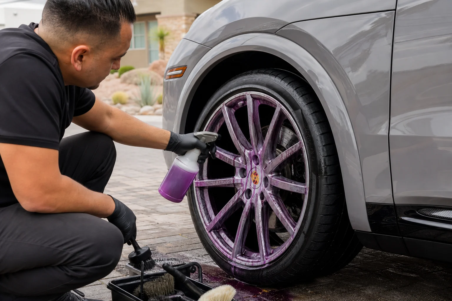 Professional wheel detailing with iron remover and brake dust decontamination on Las Vegas vehicle