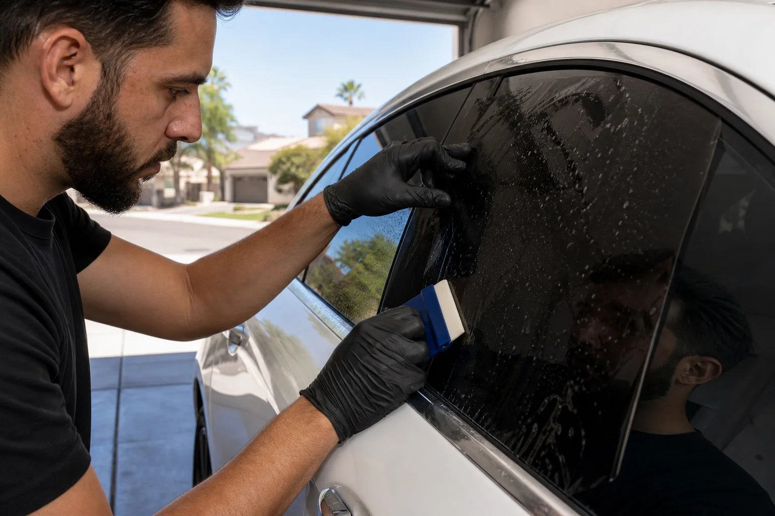 Professional auto window tinting application on SUV in Las Vegas driveway with clear blue sky and desert landscape