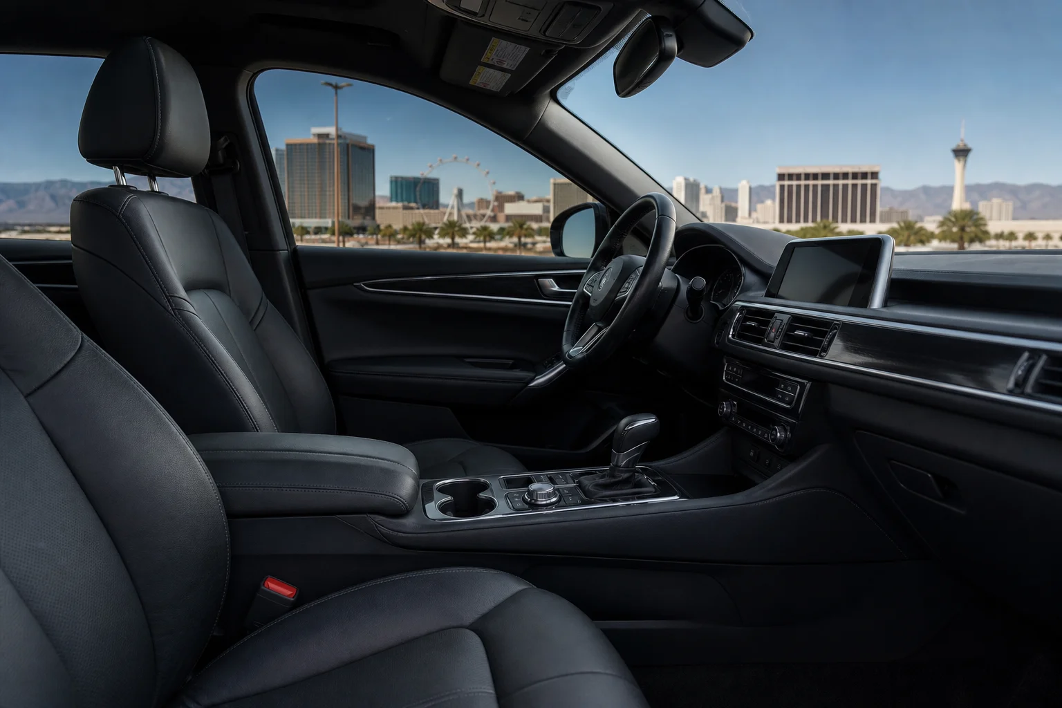 Interior dashboard and steering wheel protected by ceramic window tint showing cool cabin temperature in Las Vegas summer heat