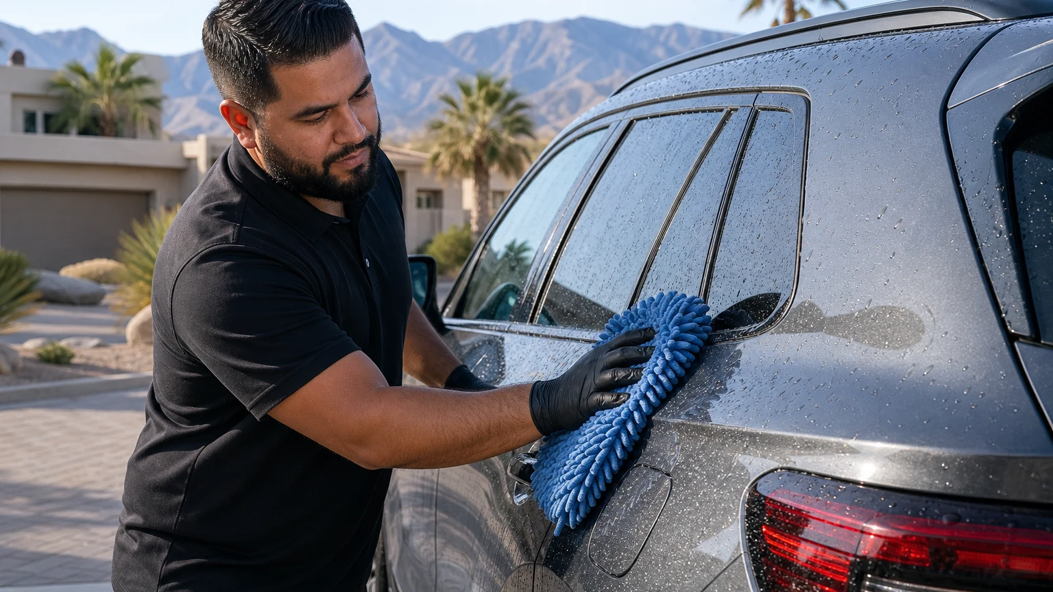 Winter car care Las Vegas mobile detailing technician washing a sedan in a driveway on a cool desert morning